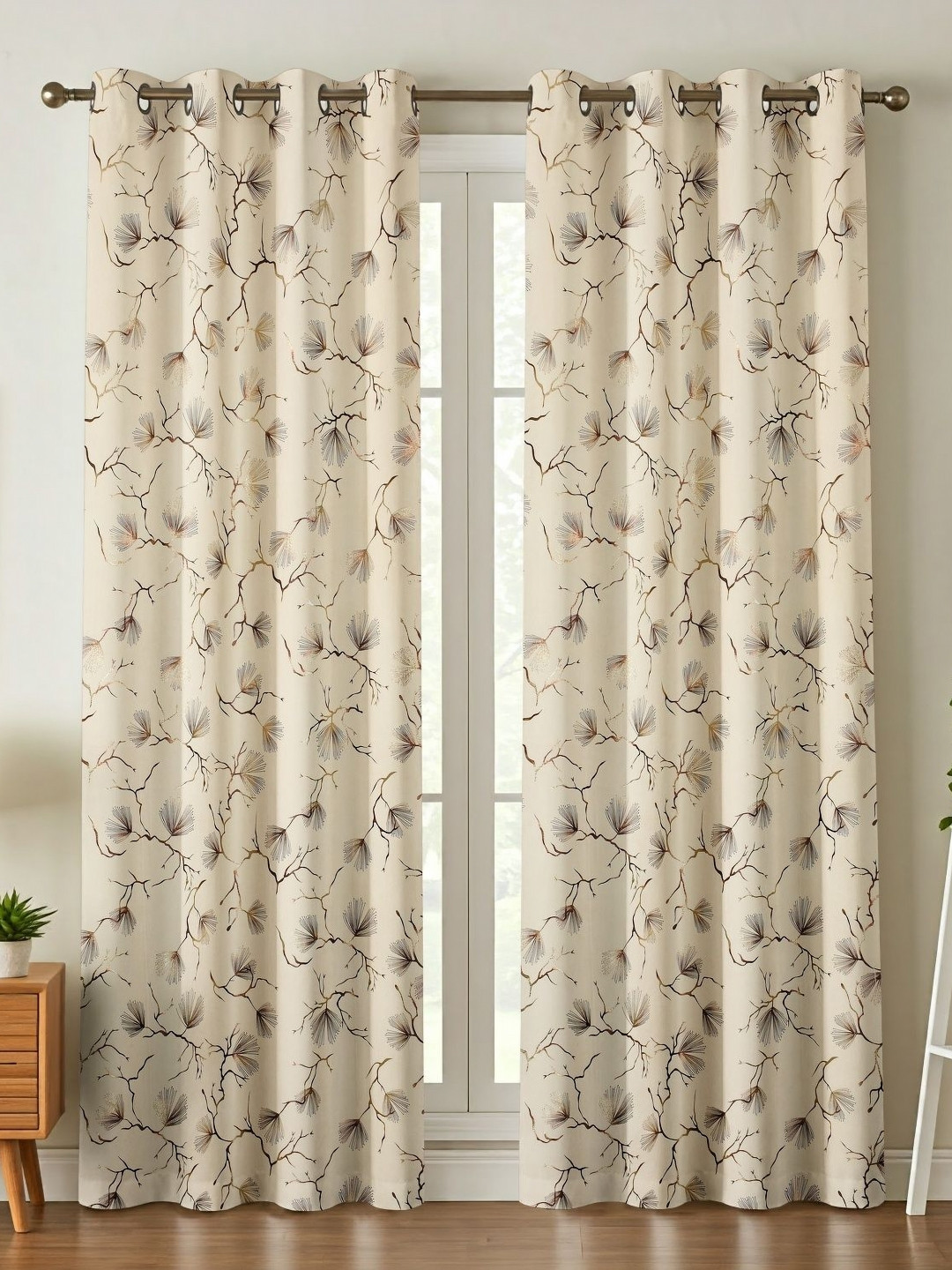 Kiara Creations Cream & Black 2 Pcs Printed Room Darkening Velvet Door Curtains