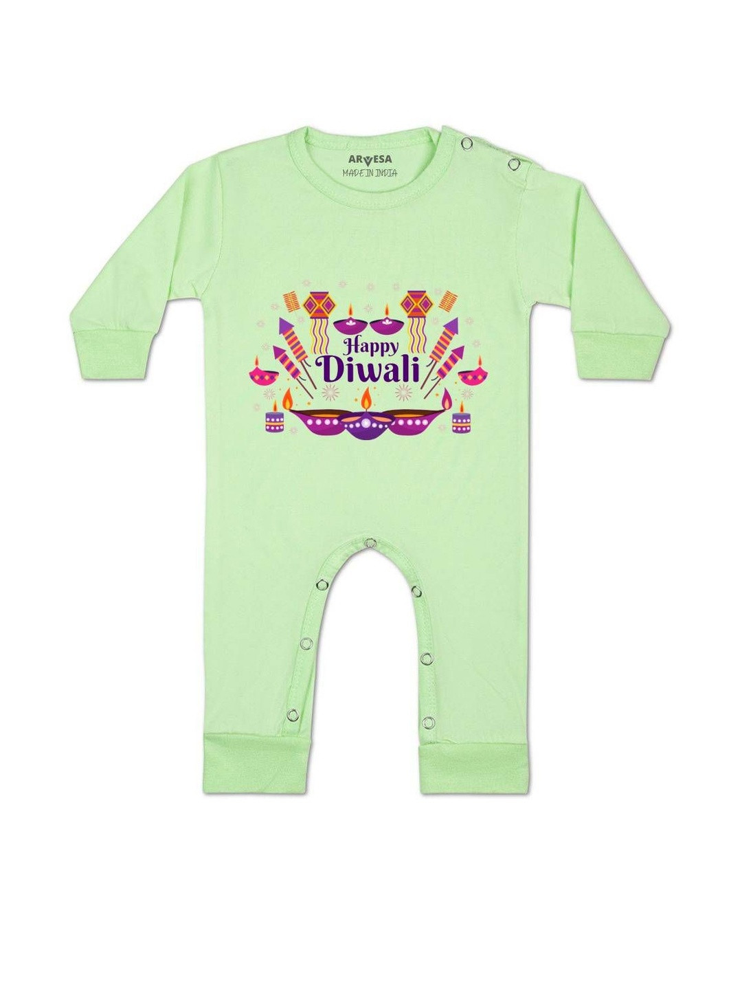 Arvesa Kids Happy Diwali Printed Round Neck Long Sleeves Rompers