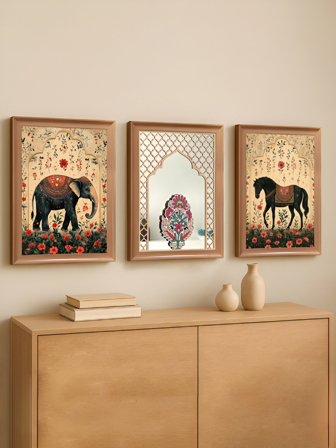Art Street Beige & Black 3 Pieces Ethnic Paper & Wooden Wall Arts