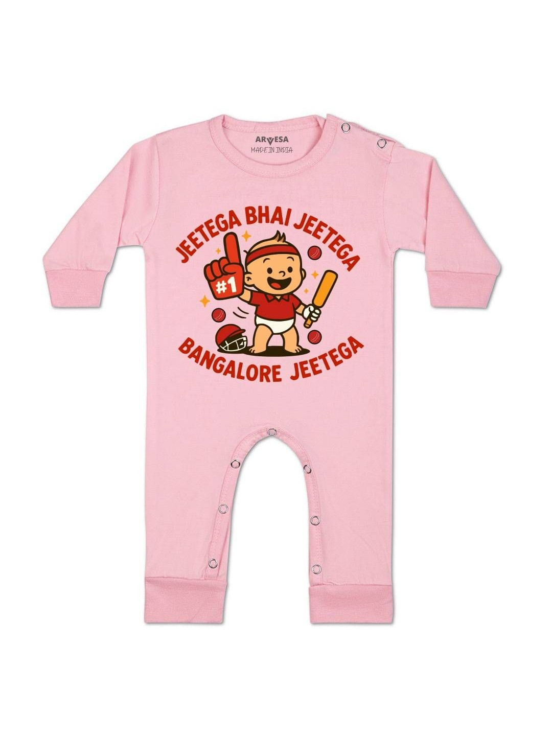 Arvesa Infants Jeetega Bhai Jeetega Bangalore Jeetega Printed Envelope Neck Cotton Rompers