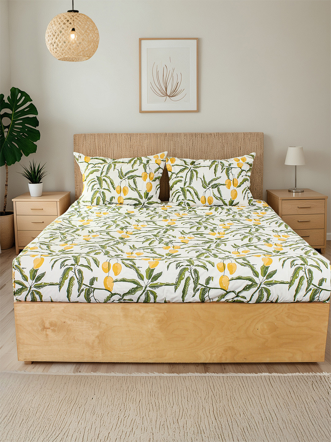 House This Yellow Leaf Cotton 180 TC Queen Fine Bedsheet with 2 Pillow Covers-229 x 274 cm
