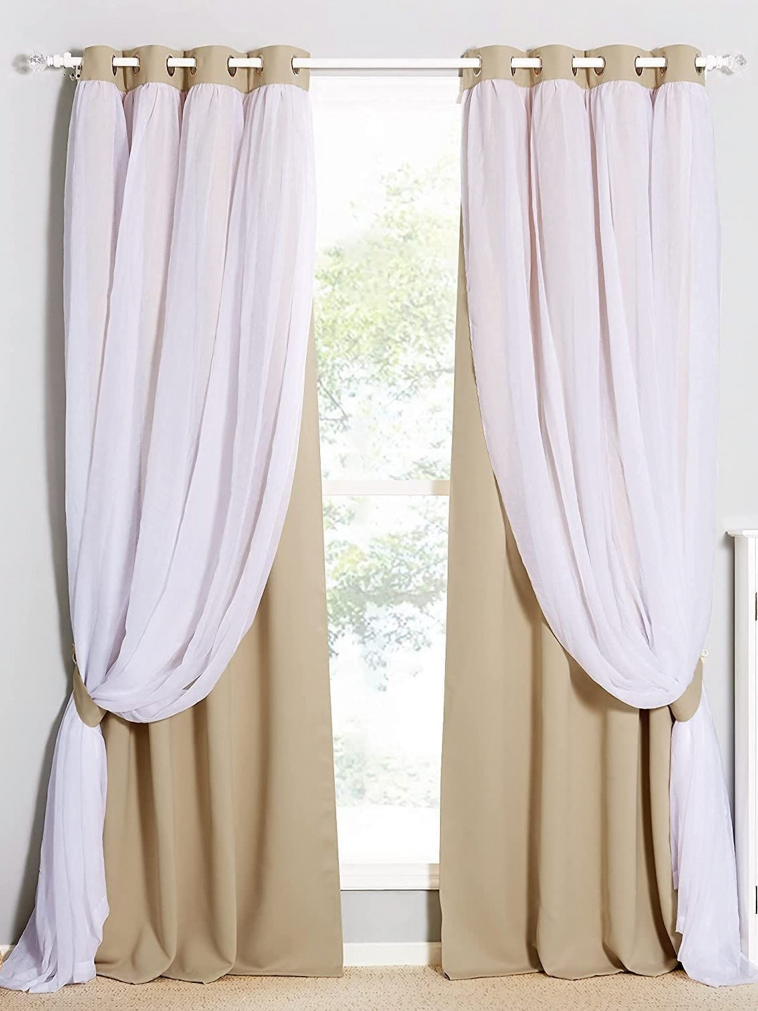 BFAM Beige & White 2 Pieces Black Out Window Curtains