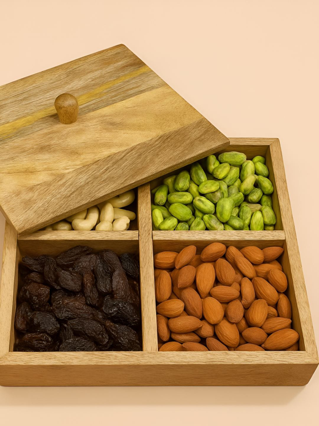 Sanjeev Kapoor by Oggn Mango Wooden Fixed 4 Compartment Dry fruit Box with Open Lid