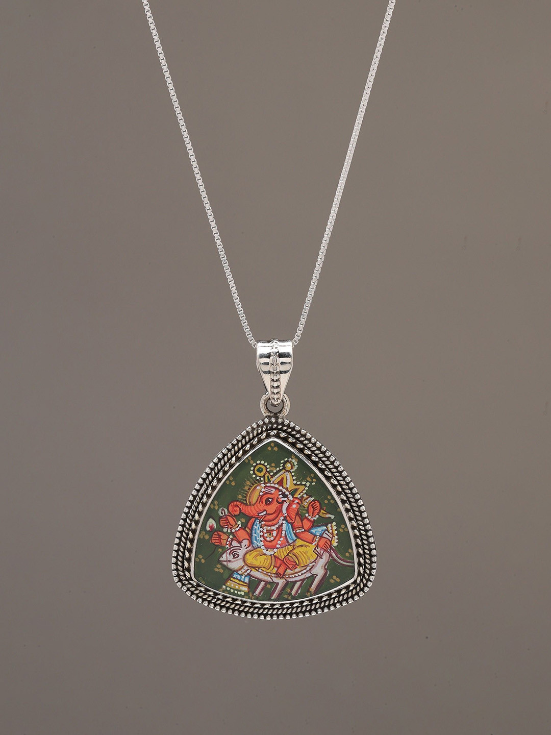 Exotic India Women Sterling Silver Triangle Shaped Chaturbhuja Lord Ganesha Pendant