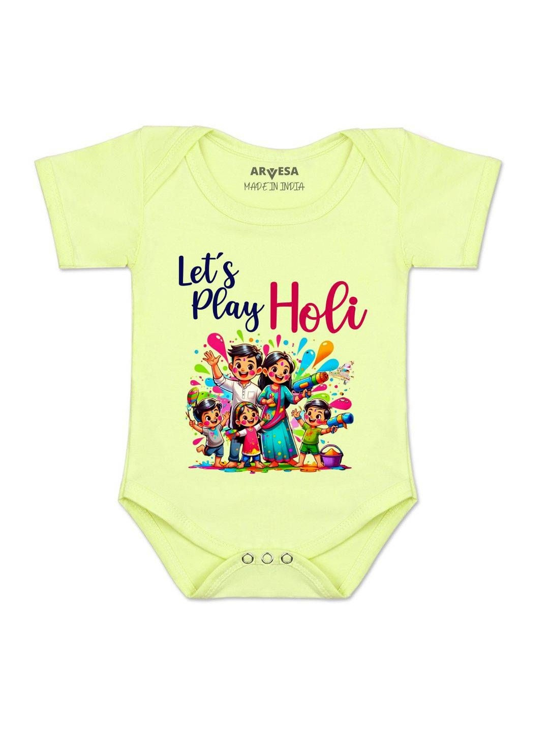 Arvesa Infants Lets Play Holi Printed Envelope Neck Short Sleeves Romper