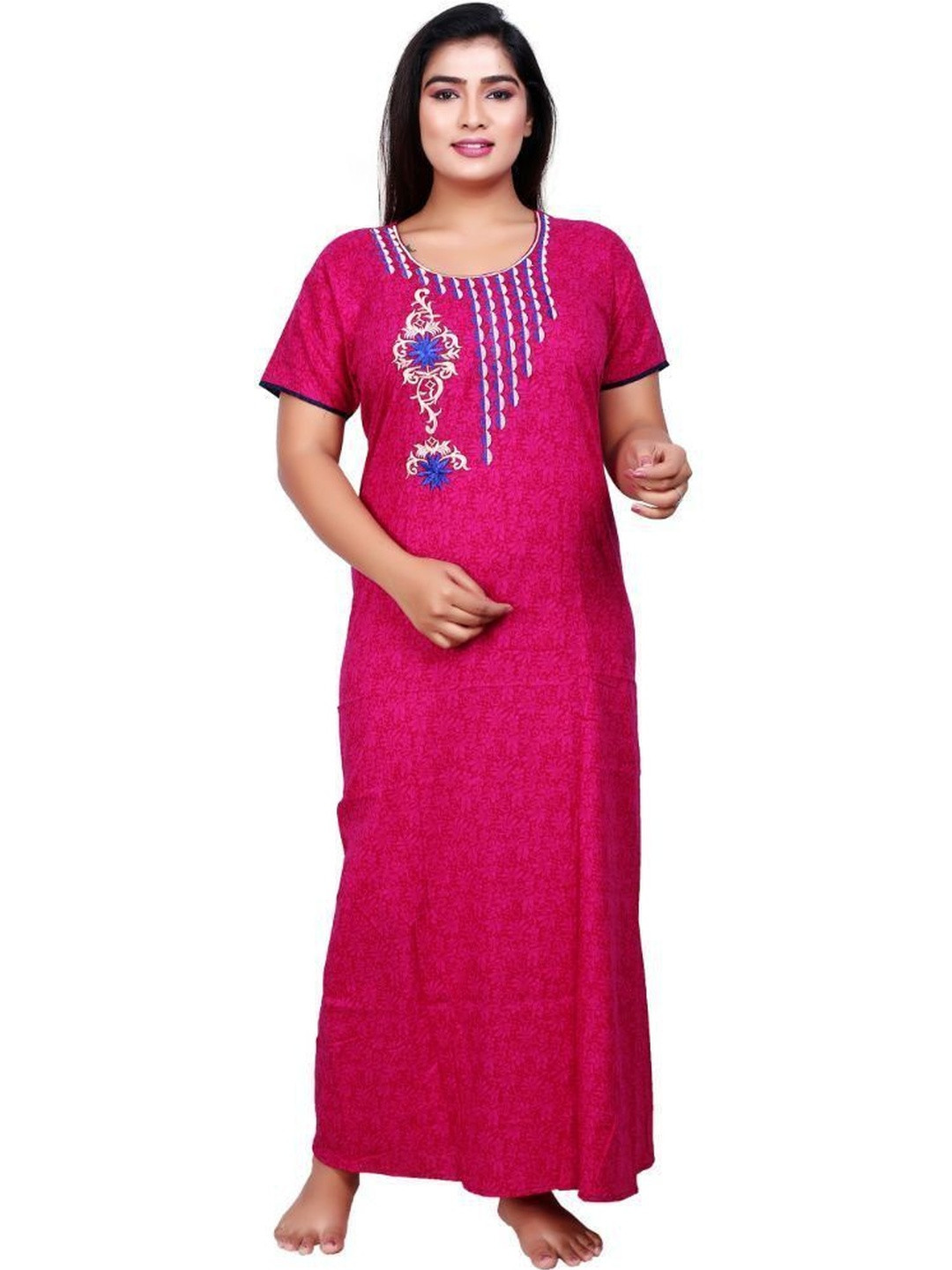 Zairra Women Pink Pure Cotton Floral Printed Short Sleeves Nighty