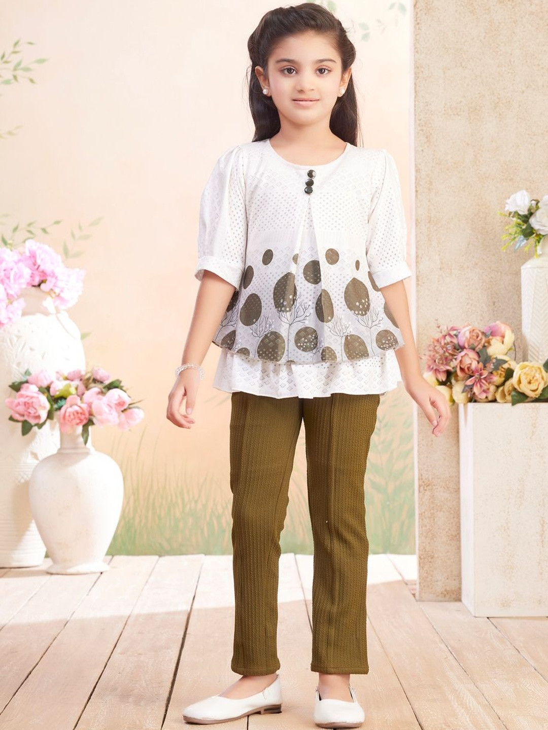 Muhuratam Girls Casual Wear Cream-Olive Colour Self Design Cotton Blend Top & Pant