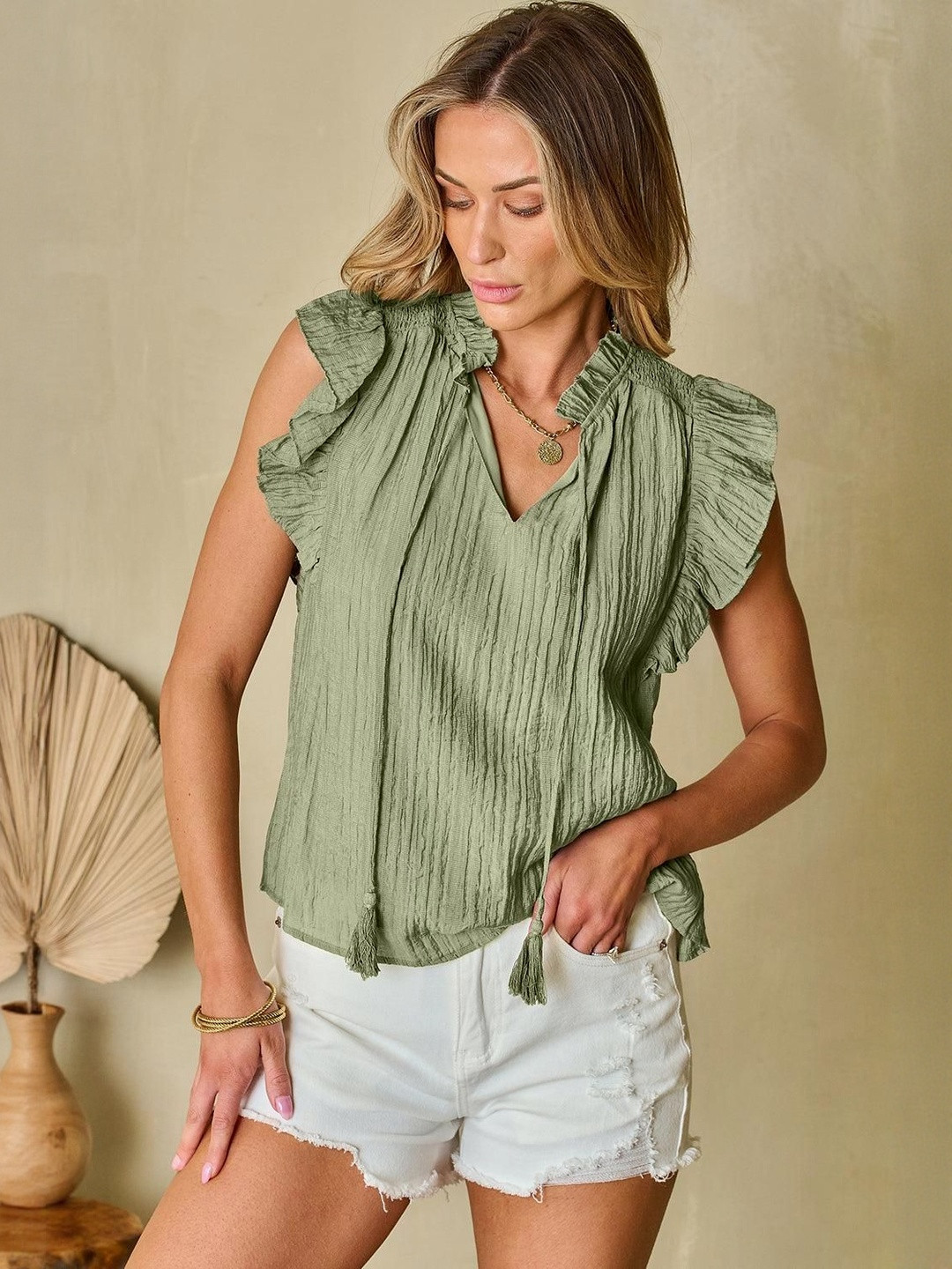 Errabelly Women Meadow Mist Green Textured V Neck Flutter Sleeve Blouse