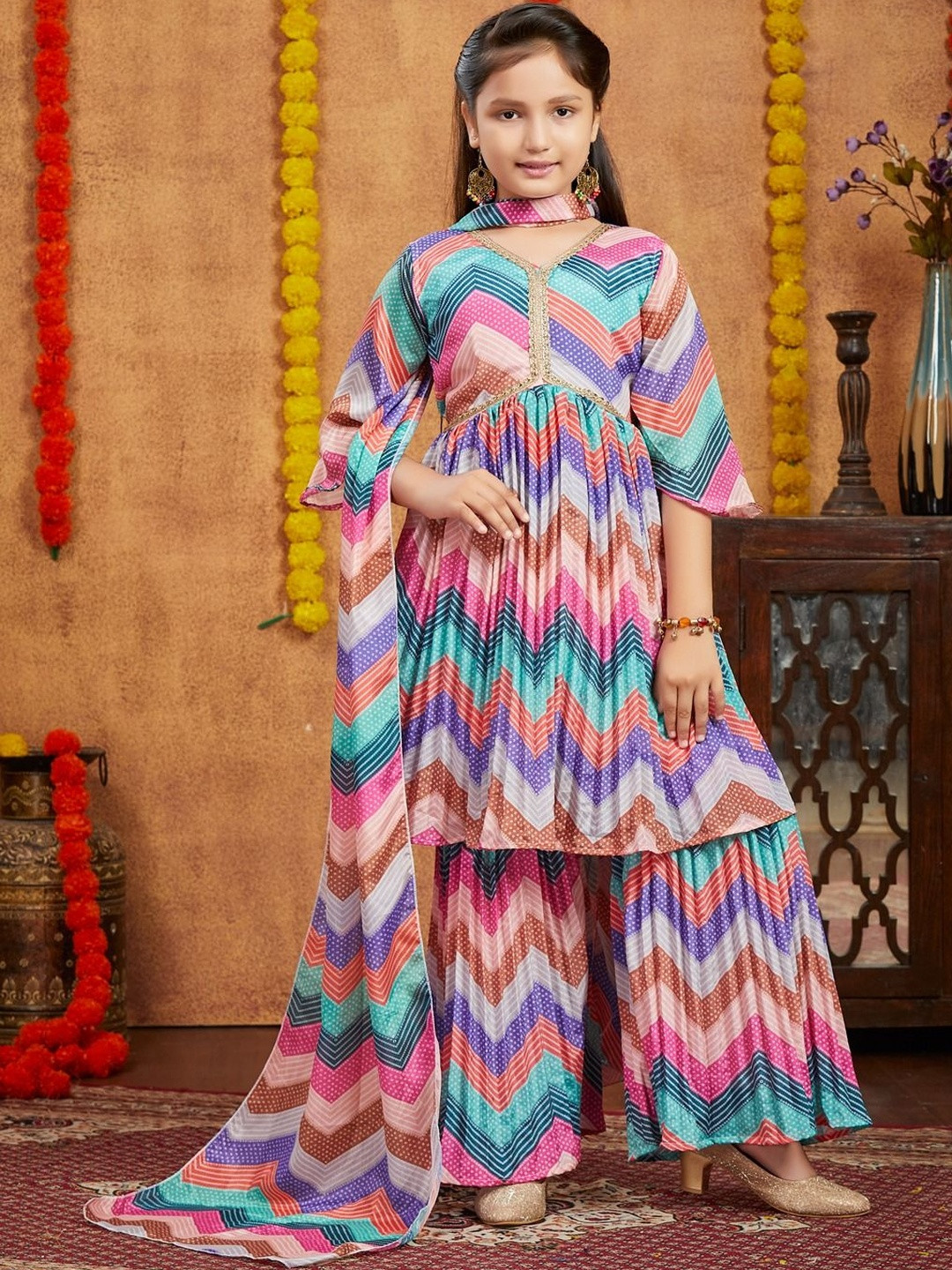 Muhuratam Girls Ethnic Wear Pink Colour Bandhani Print With Lace Work Silk Kurti Sharara Set