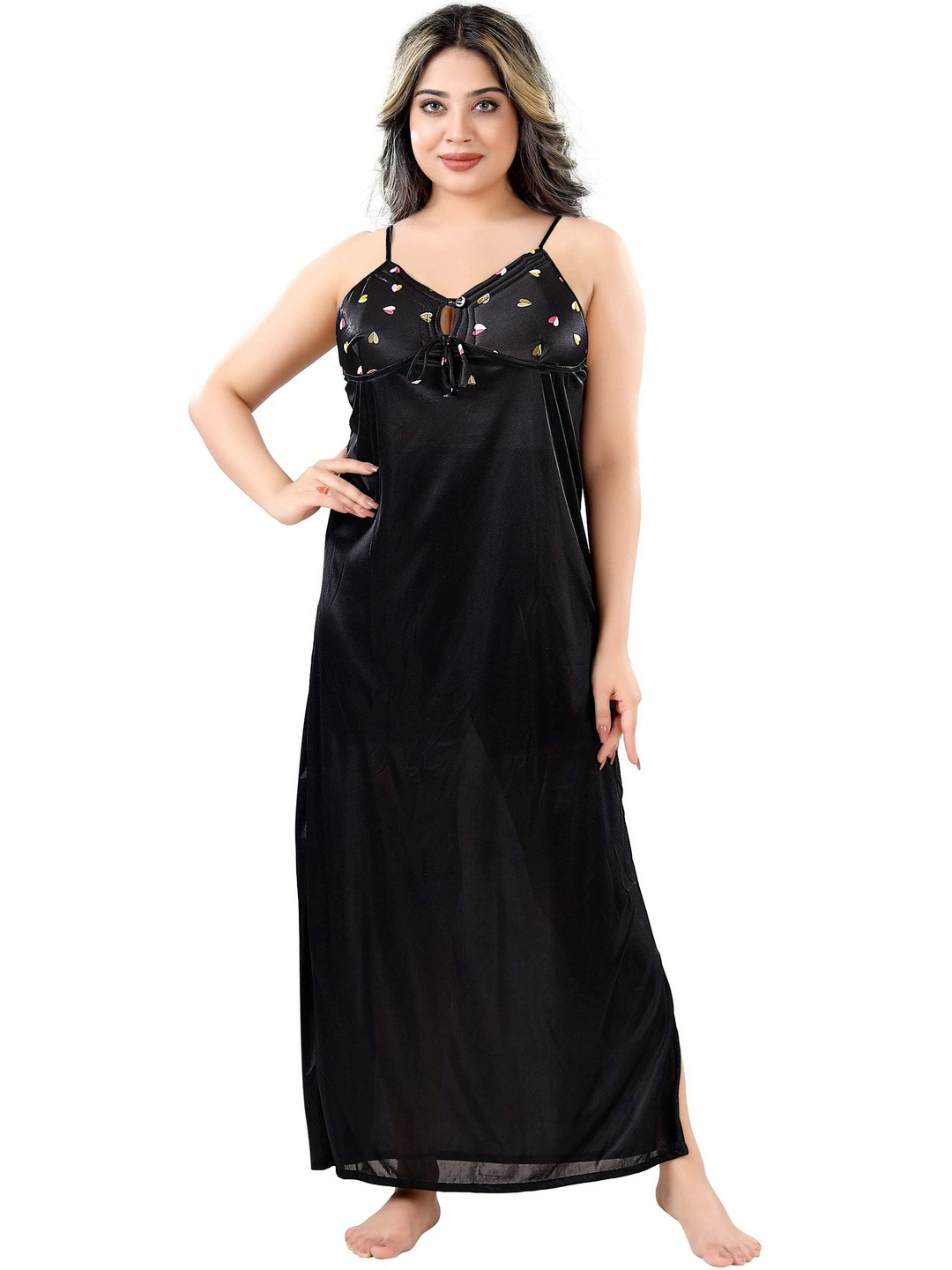 Zairra Women Black Heart Printed Maxi Viscose Rayon Nightdress With Printed Robe