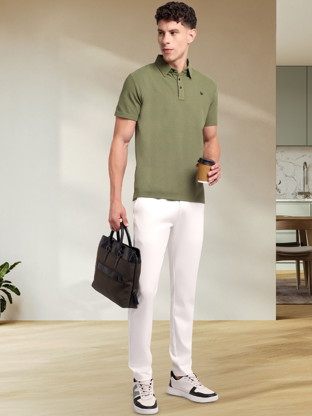 OXPECKER Stallion Men Self Design Polo Collar Slim Fit T-shirt