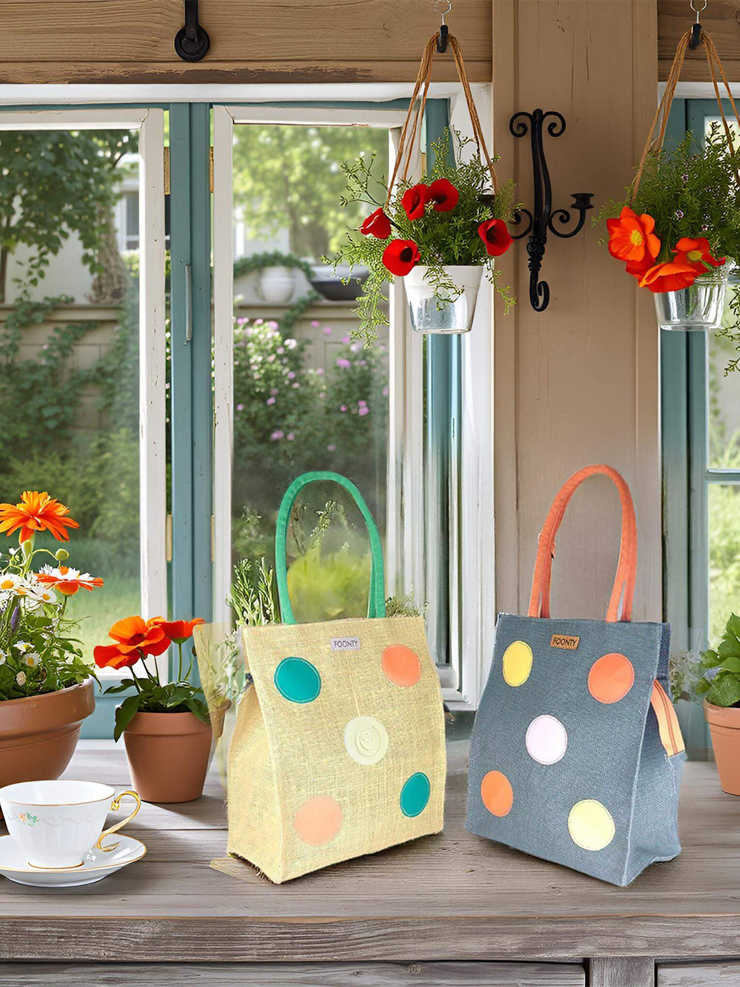 FOONTY Set Of 2 Eco Friendly Jute Lunch Bags Travel Accessory