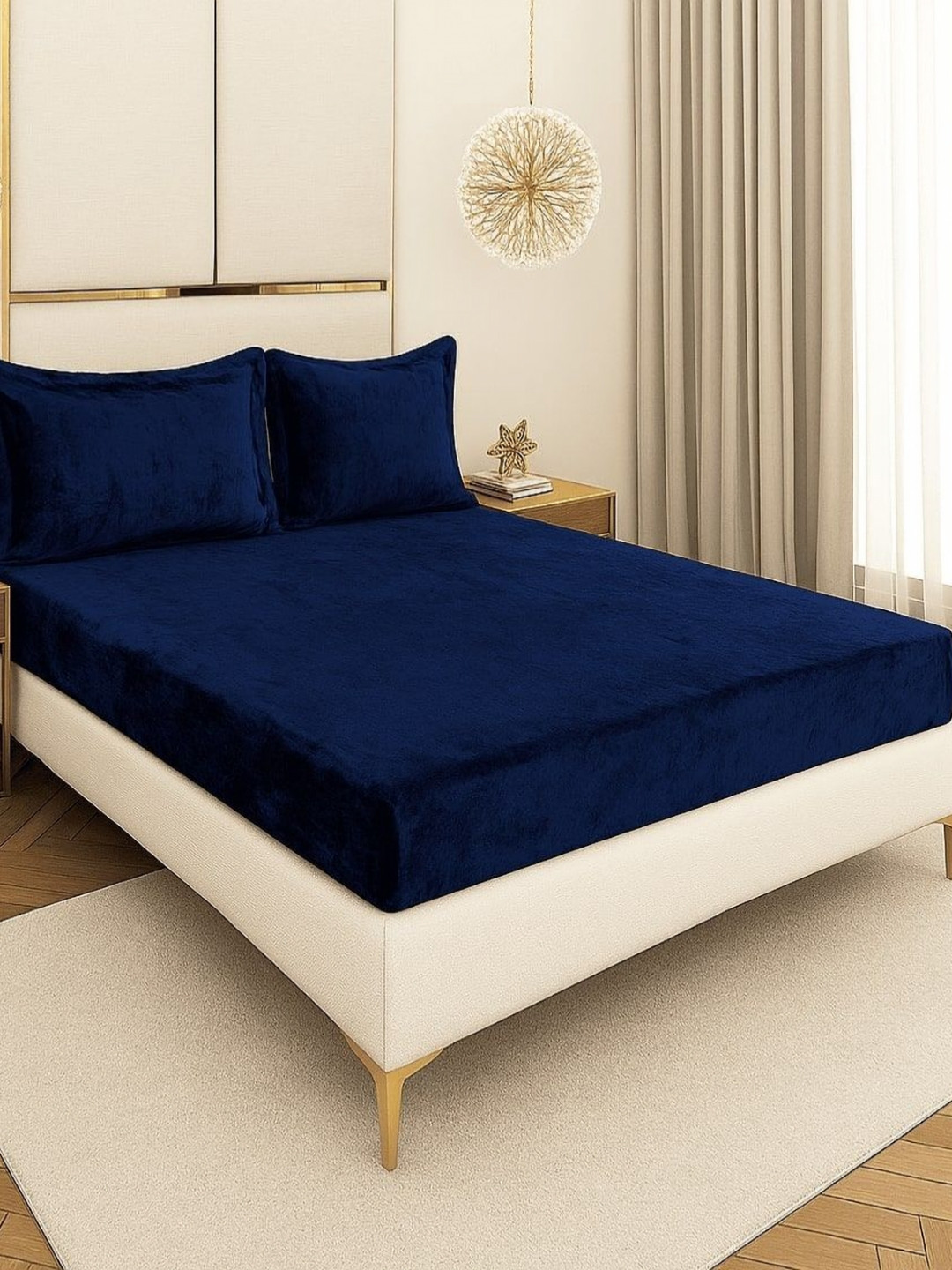 BLUEDOT Navy Velvet Flannel Warm Fitted King Bedsheet Set