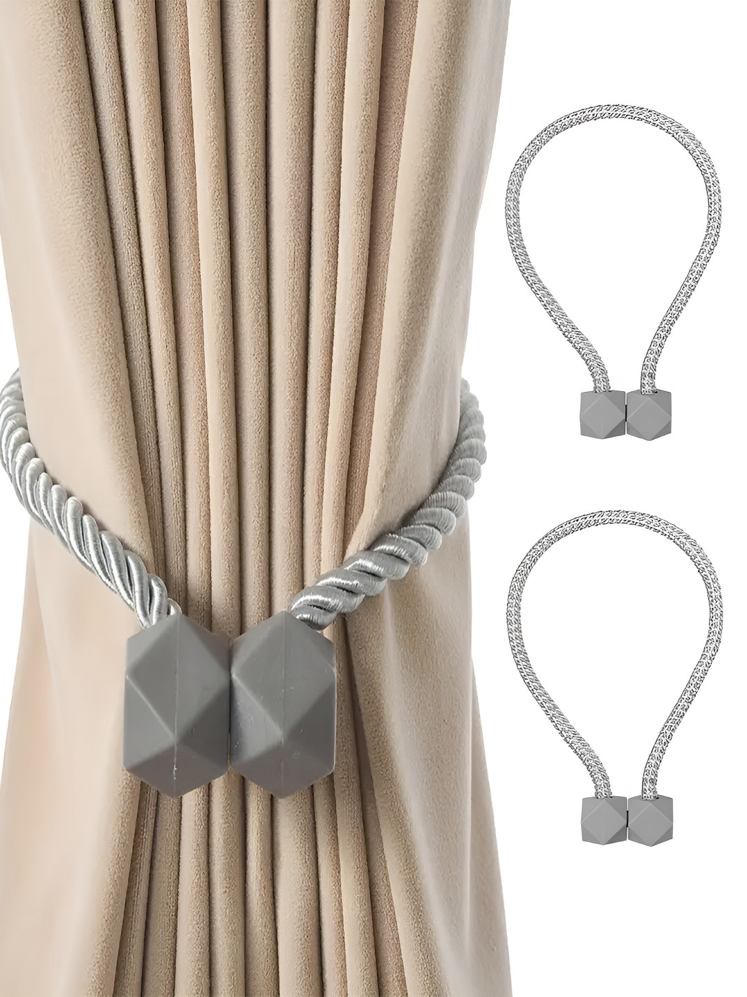 TIED RIBBONS 2 Pieces Grey Textured Curtain Tie-Backs