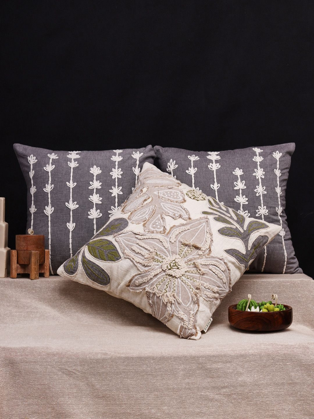 ANWYN Purple & White 3 Pcs Embroidered Patchwork Cotton Square Cushion Covers