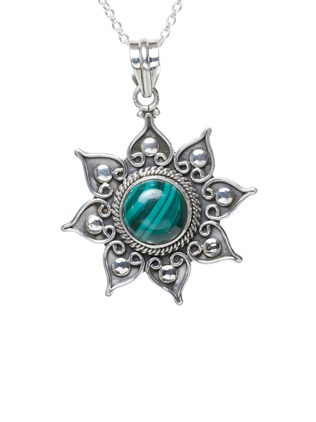 Exotic India Women Sterling Silver Gemstone Studded Round Cut Flower Shaped Pendant