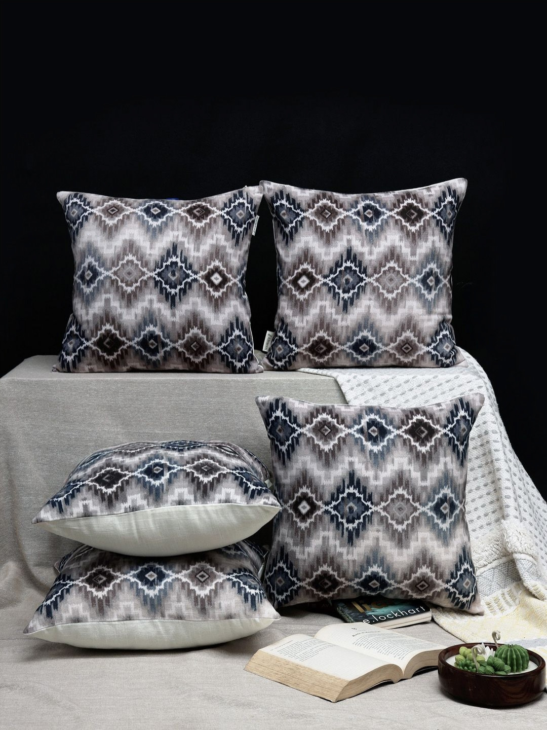 ANWYN Blue & Brown 5 Pcs Abstract Textured Cotton Square Ethnic Motifs Cushion Covers