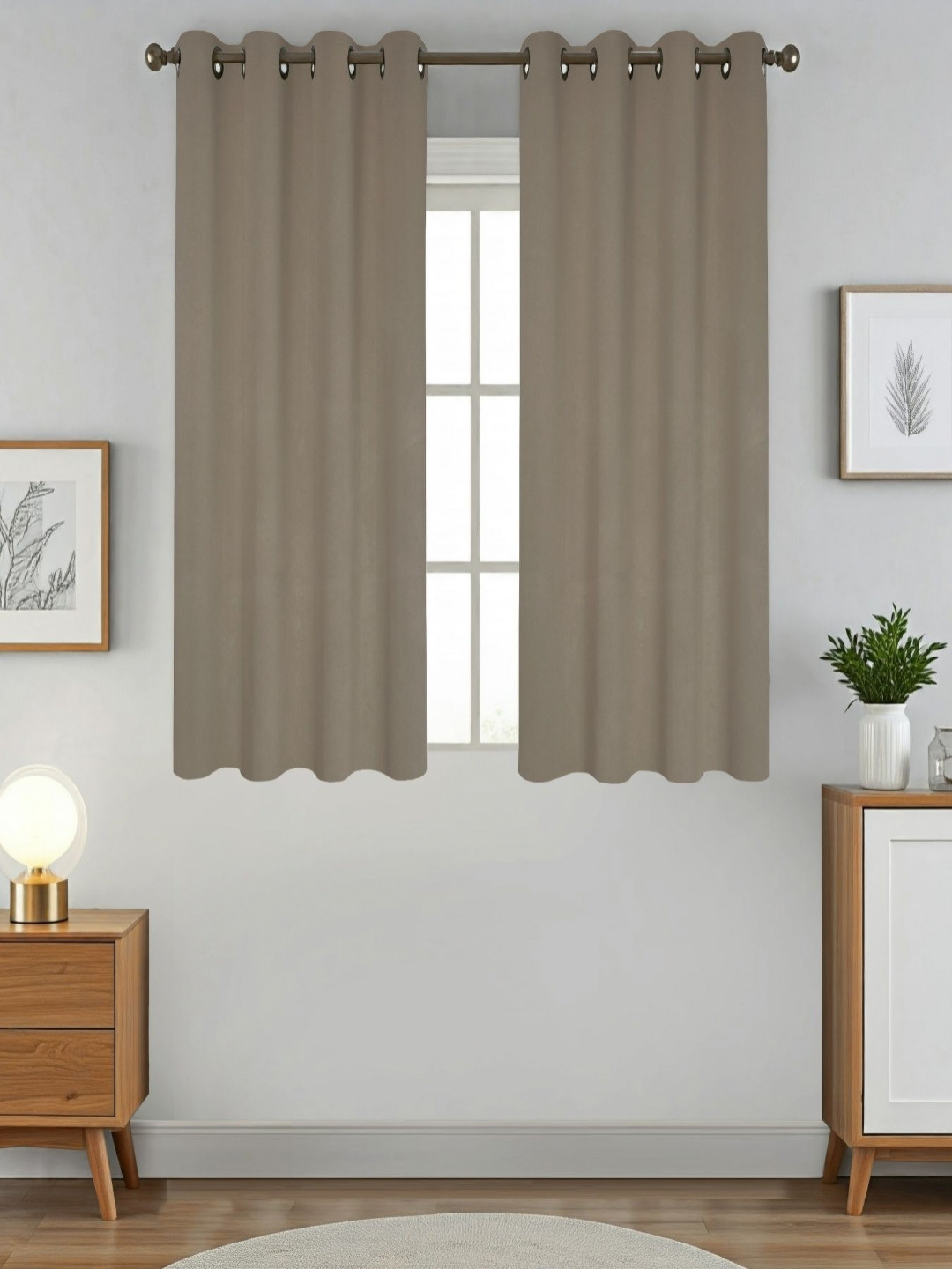 Aura Camel Grey 2 Pieces Black Out Window Curtains