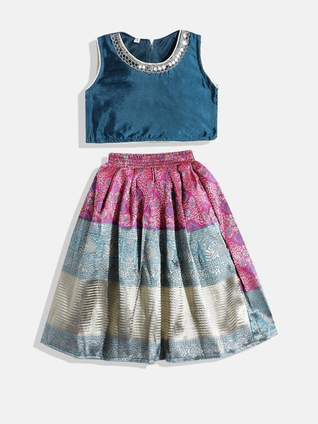Muhuratam Girls Blue Art Silk Sleeveless Round Neck Flared Ethnic Lehenga Choli