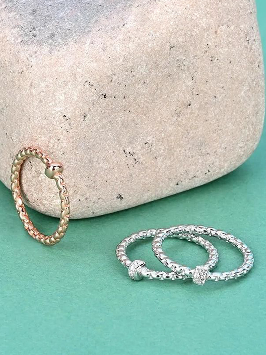 TOUCH925 Set Of 3 925 Silver  Rose Gold-Plated Cubic Zirconia Studded Stack Finger Rings