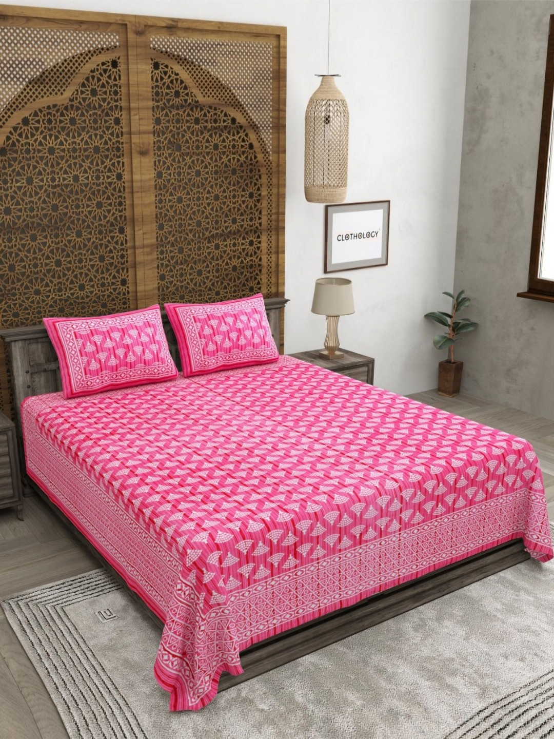CLOTHOLOGY Rani-Pink Geometric-Fan The Pankhi Heritage 180 TC Cotton King Bedsheet with 2 Pillow Cover