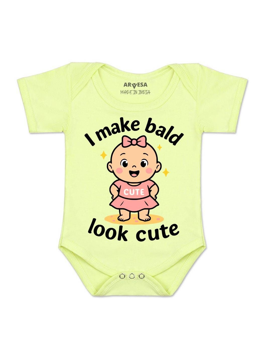 Arvesa Girls I Make Bald Look Cute Printed Envelope Neck Short Sleeves Cotton Bodysuit