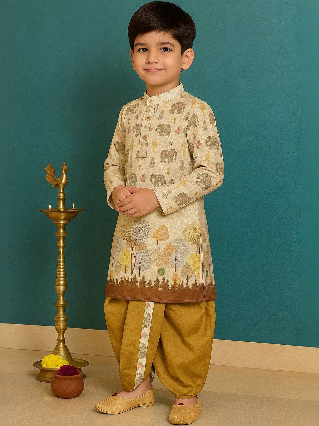 Cotton Blend Digital Printed Kurta & Dupion Silk Dhoti  Set For Boys.