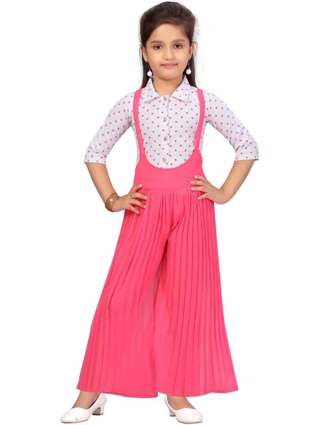 Muhuratam Girls Pink & White Printed Shirt Collar Georgette Basic Jumpsuit