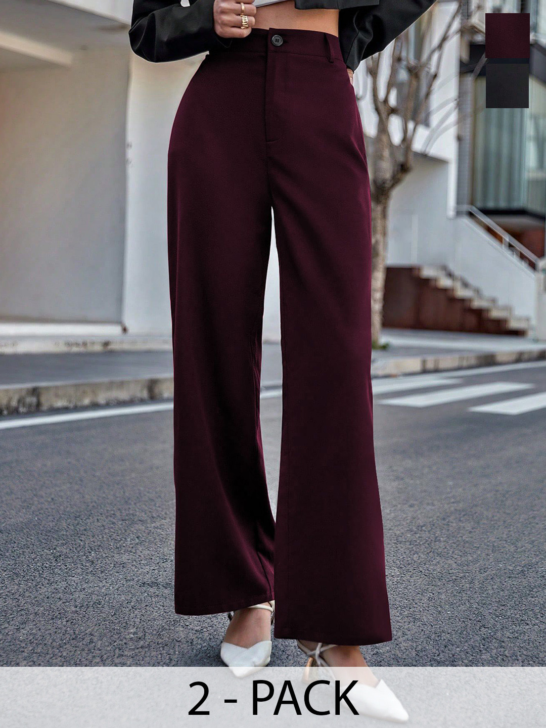 BAESD Women Pack of 2 Relaxed Straight Leg High-Rise Flat-Front Formal Trousers