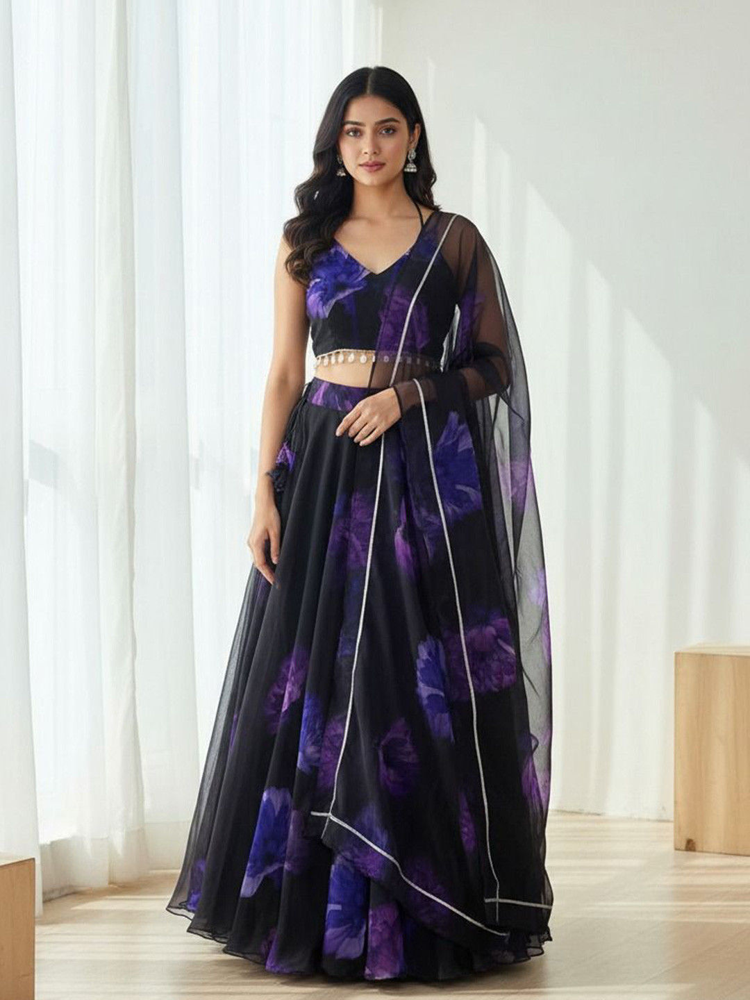 LIPS CROWN Printed Semi-Stitched Organza Lehenga & Ready To Wear Blouse With Dupatta