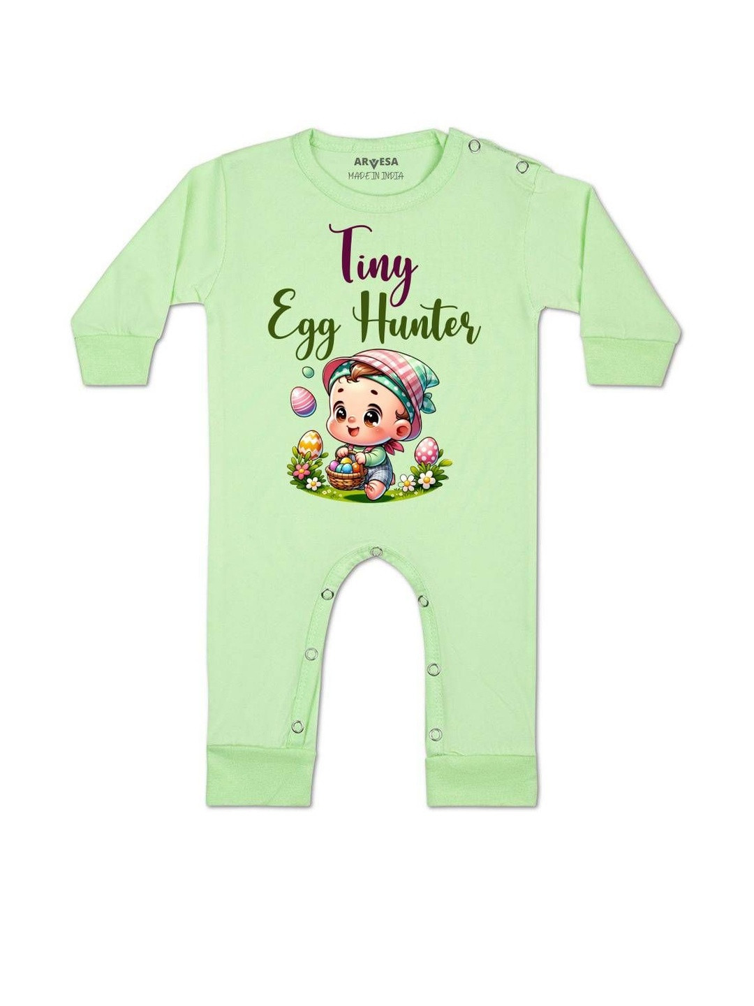 Arvesa Kids Tiny Egg Hunter Printed Round Neck Long Sleeve Rompers