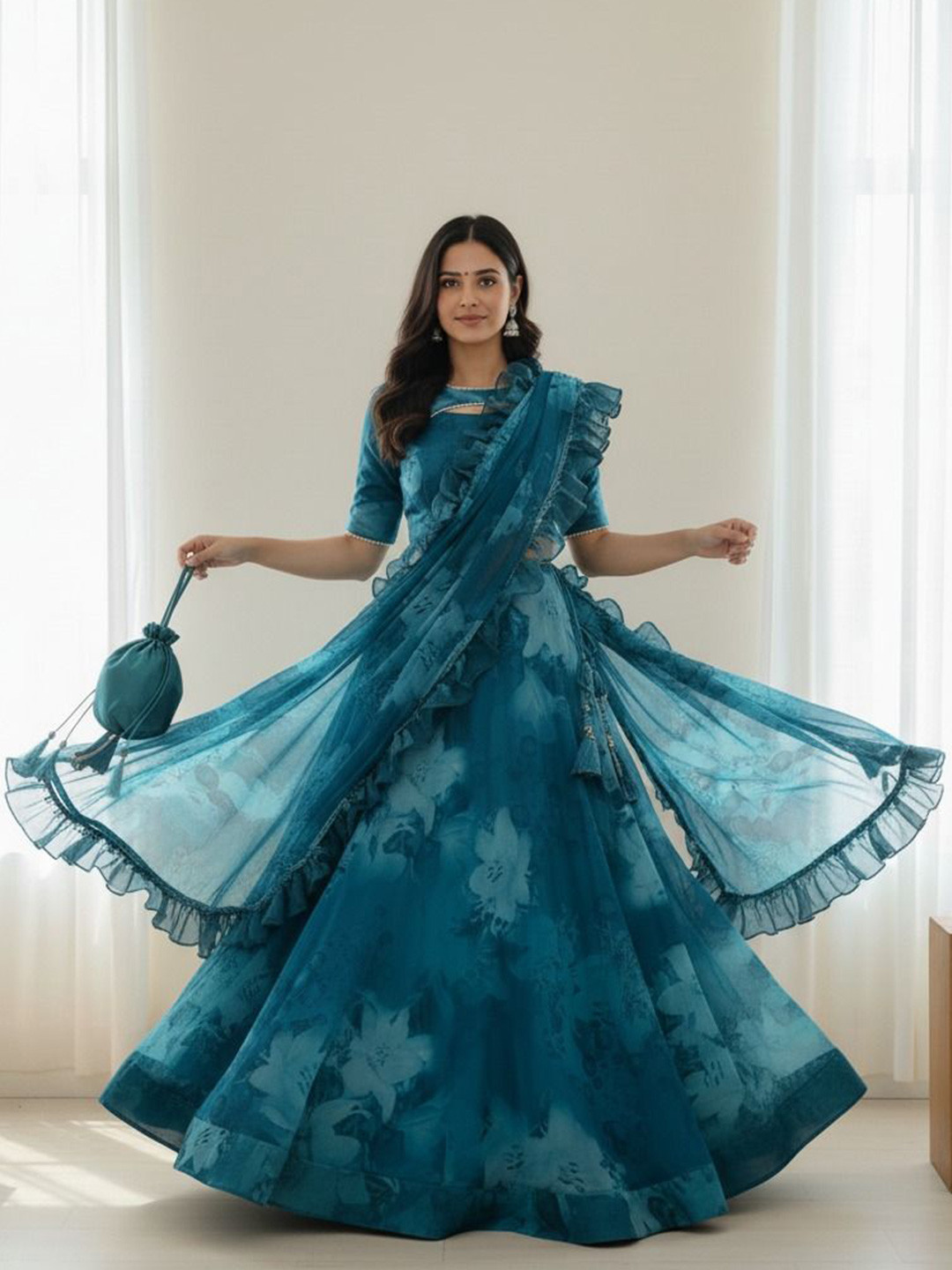 LIPS CROWN Printed Semi-Stitched Organza Lehenga & Ready To Wear Blouse With Dupatta