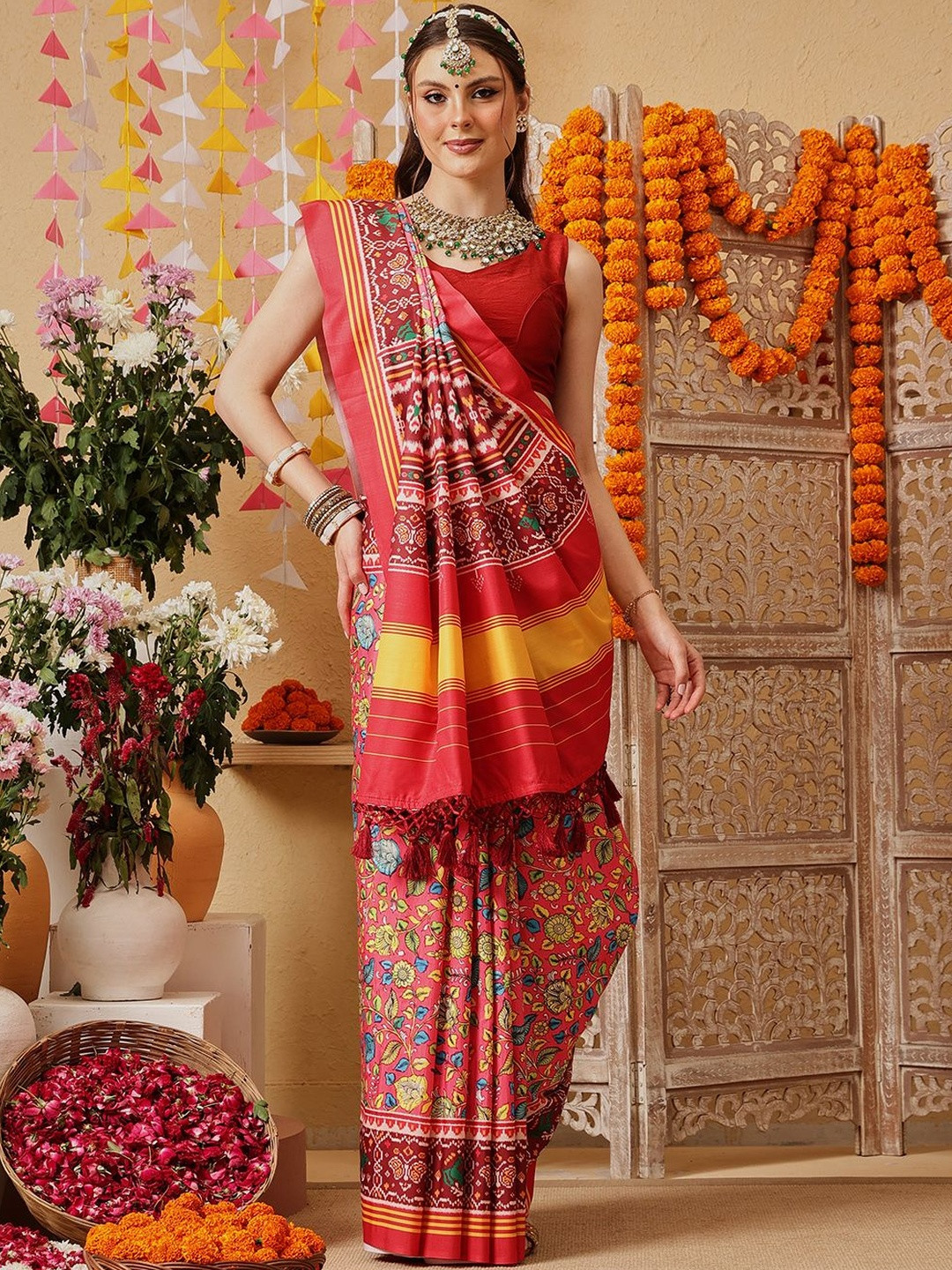Silk Land Kalamkari Printed Patola Saree