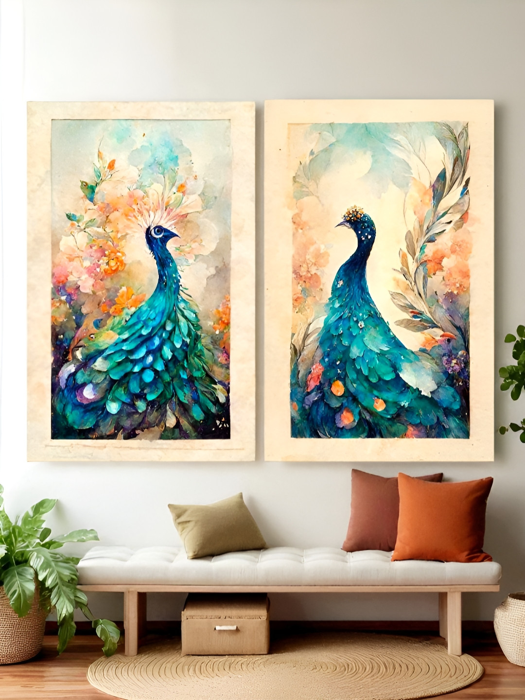 Tushaco Handicrafts Blue And Orange 2 Pieces Birds And Animals Wall Paintings
