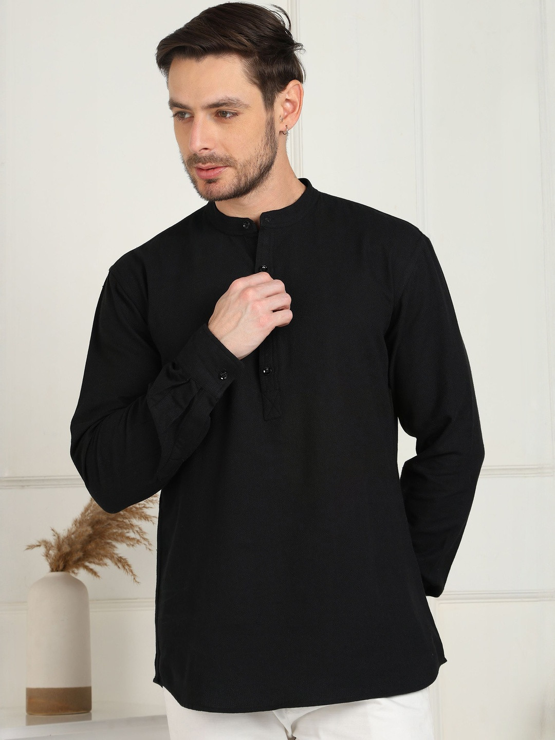 Men's Black Solid Pure Cotton Mandarin Collar With Short Kurta Shirt