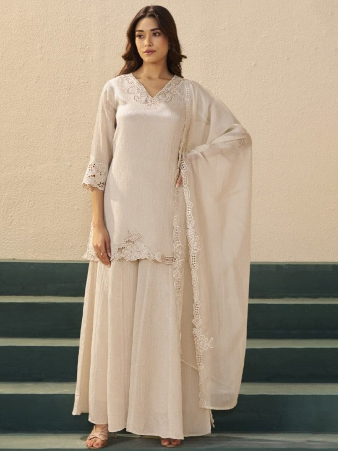 AUTUMN LANE Ethnic Motifs Embroidered High Slit Thread Work Kurta With Palazzos & Dupatta