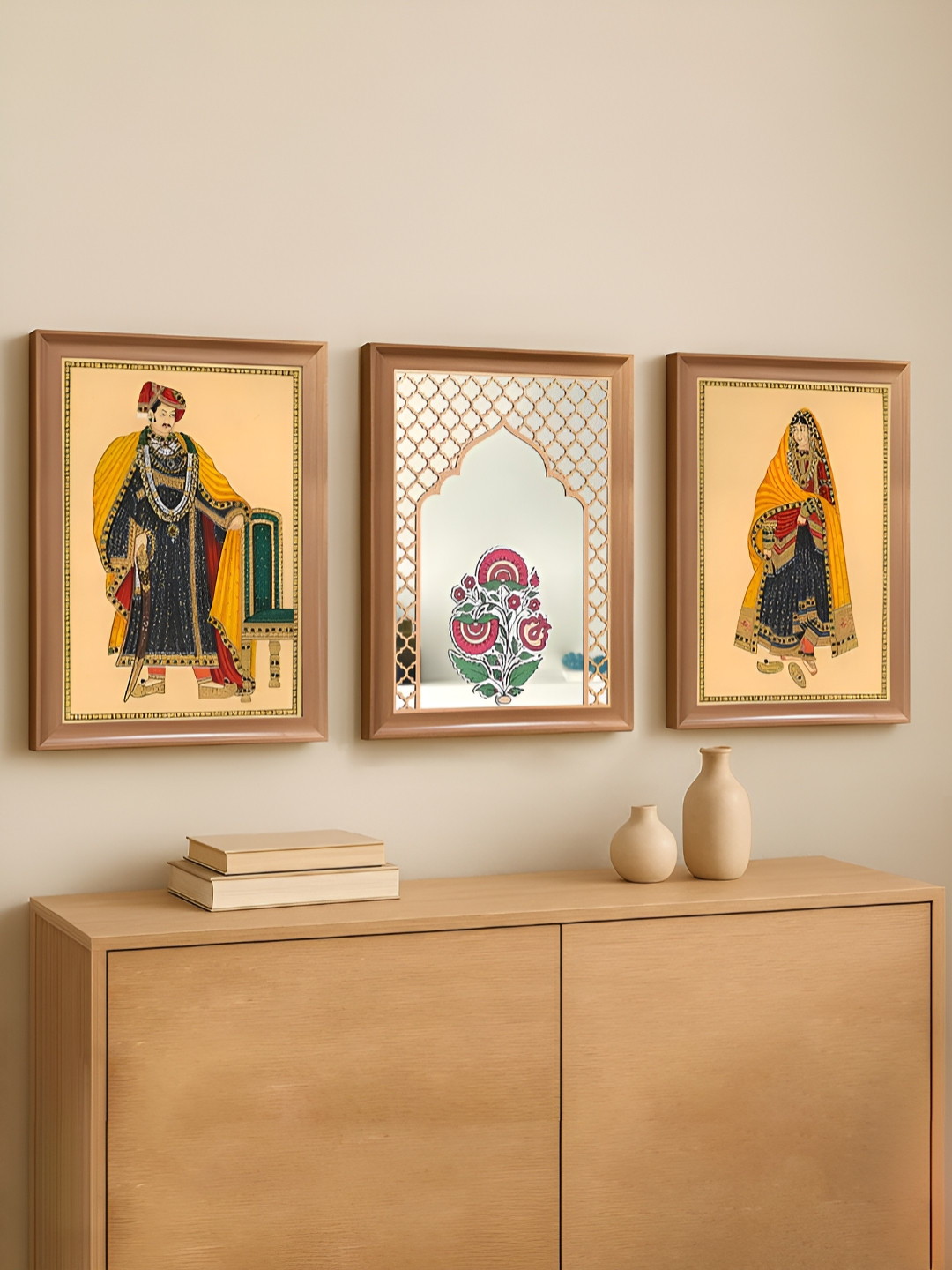 Art Street Yellow & Green 3 Pieces Ethnic Paper & Wooden Wall Art