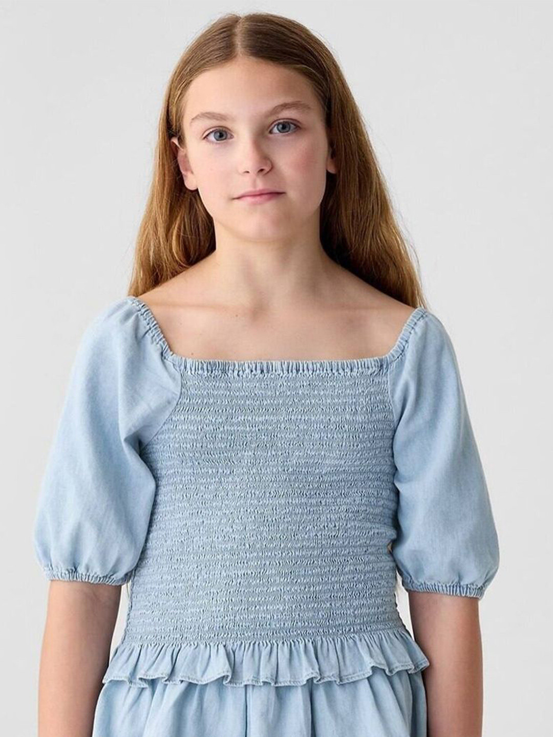 GAP Girls Cotton Solid Smocking Peplum Tops