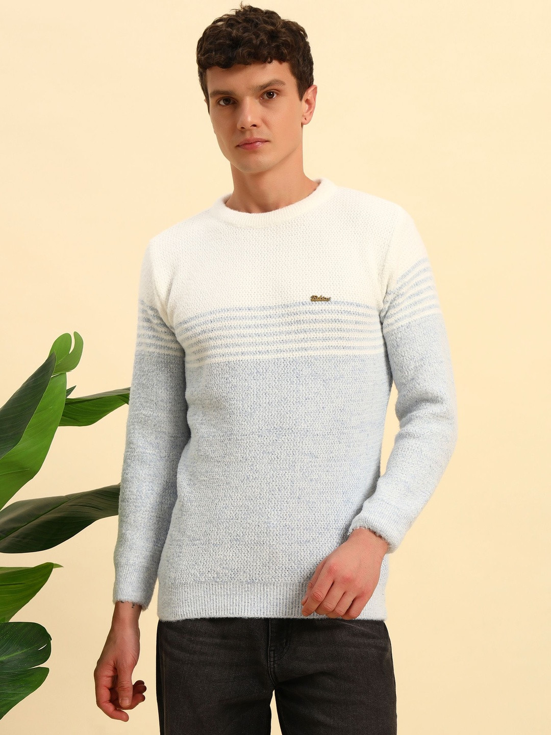 BUDAPEST Men Blue Striped Woollen Round Neck With Long Sleeves Pullover