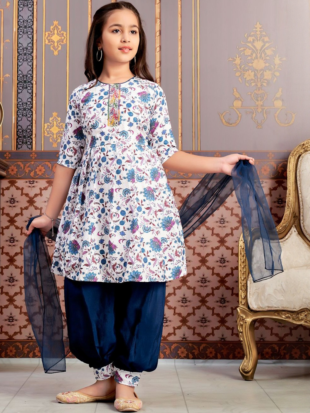 Ethnic Wear Teal-Blue-White Floral Print Beads Work Polycrepe Kurti Patiala Set With Dupatta