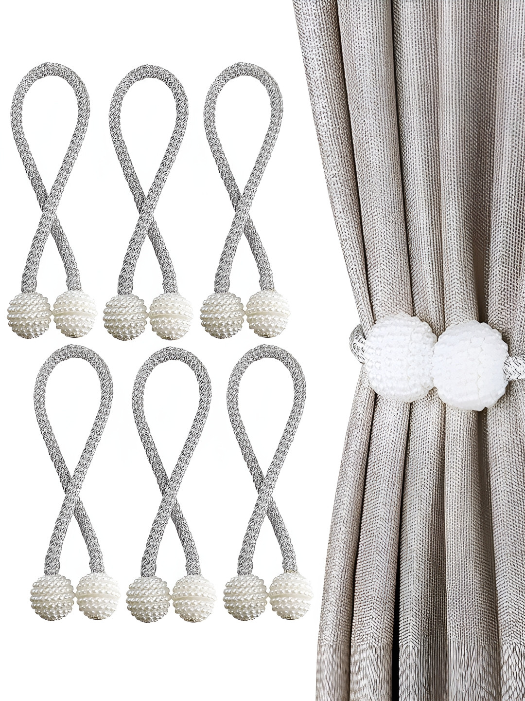 TIED RIBBONS Grey & White 6 Pieces Textured Curtain Tiebacks