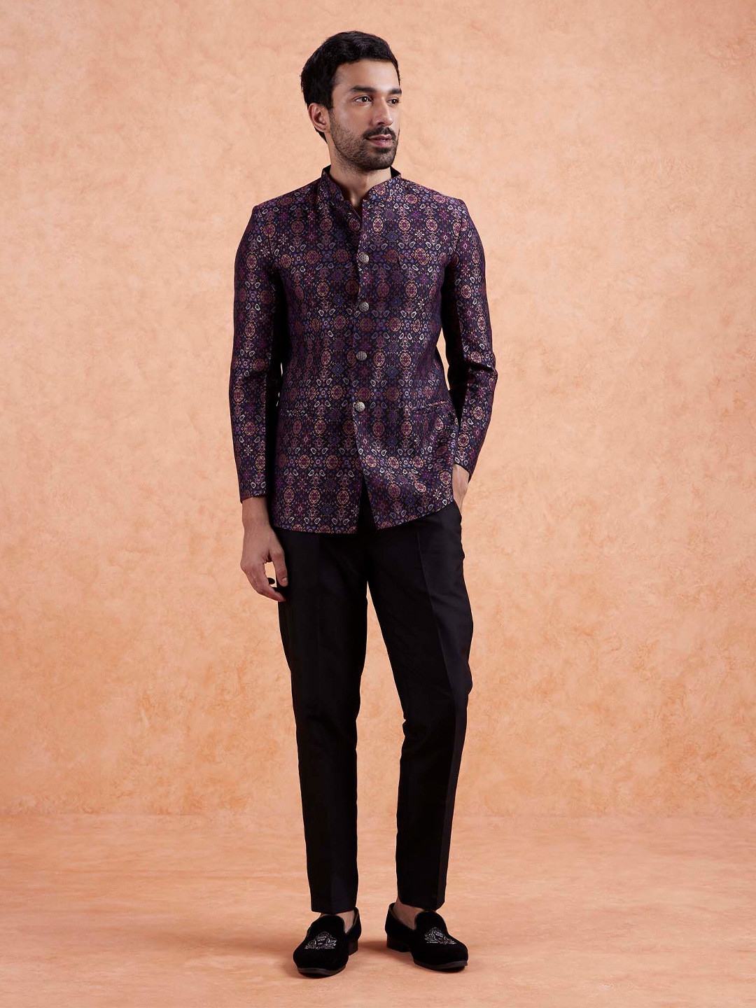 KISAH Men Ethnic Motifs Woven Design Jodhpuri Slim Fit Bandhgala Blazer Suit Set