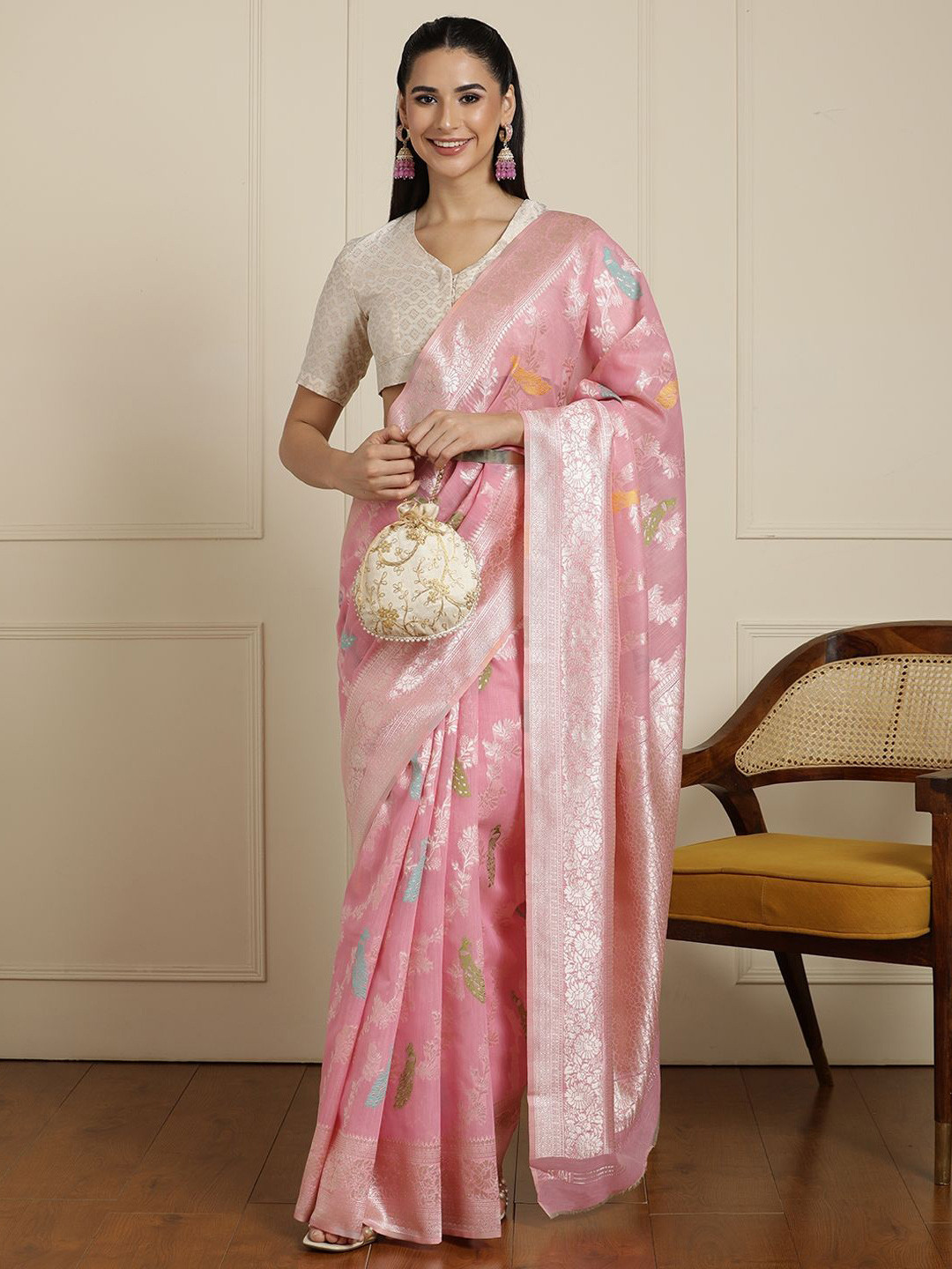 House of Pataudi Women Woven Design Zari Banarasi Saree