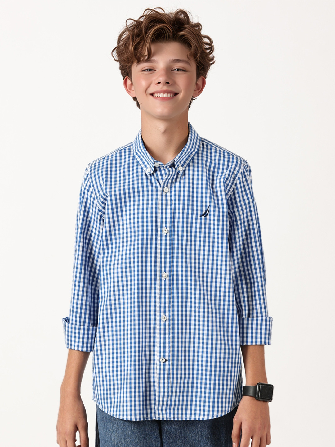 Nautica Boy's Premium Cotton Checked Regular Fit Shirt