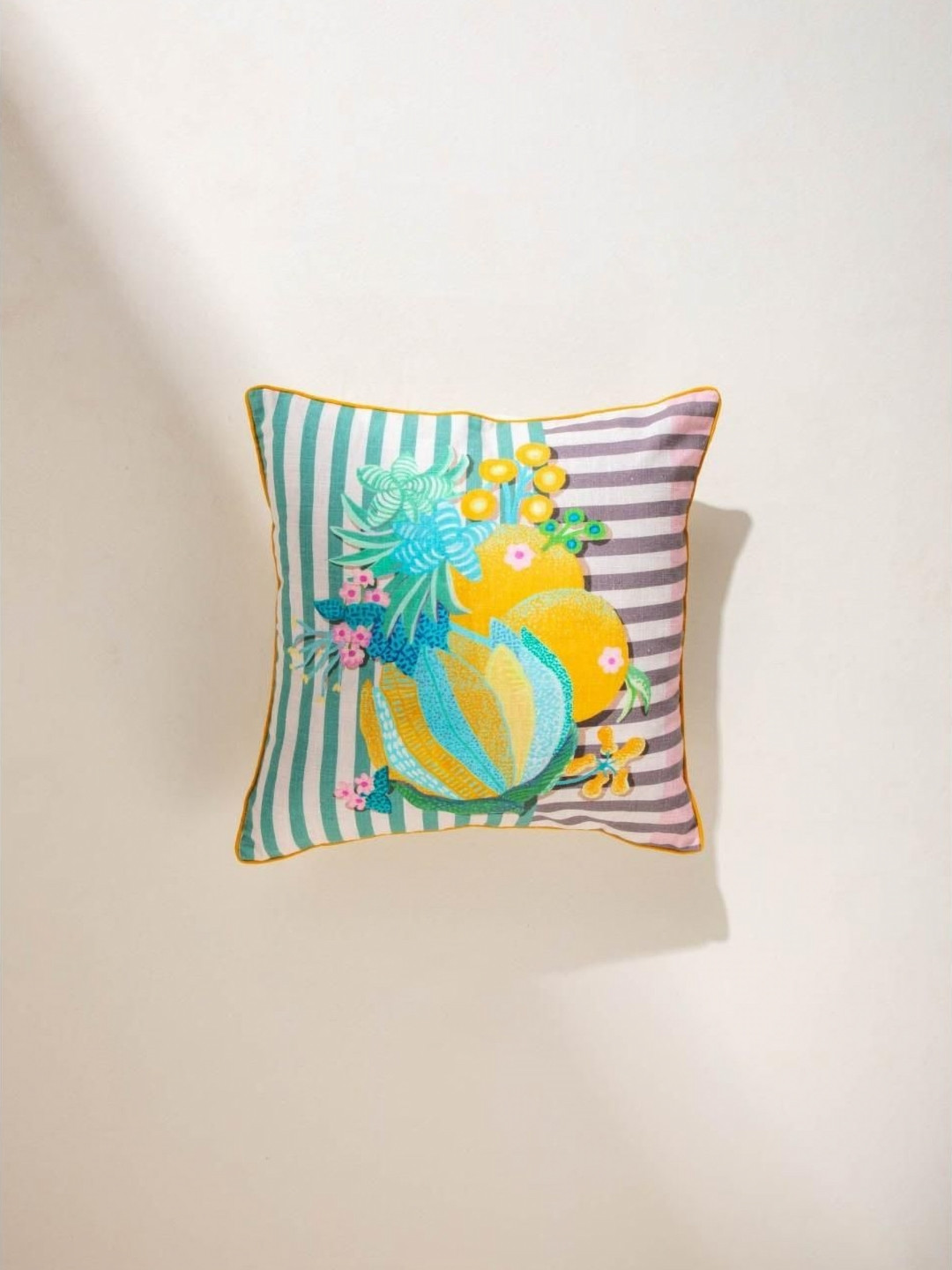 FREEDOM TREE Keora Pink & Yellow Embroidered Floral Printed Cotton Square Cushion Covers