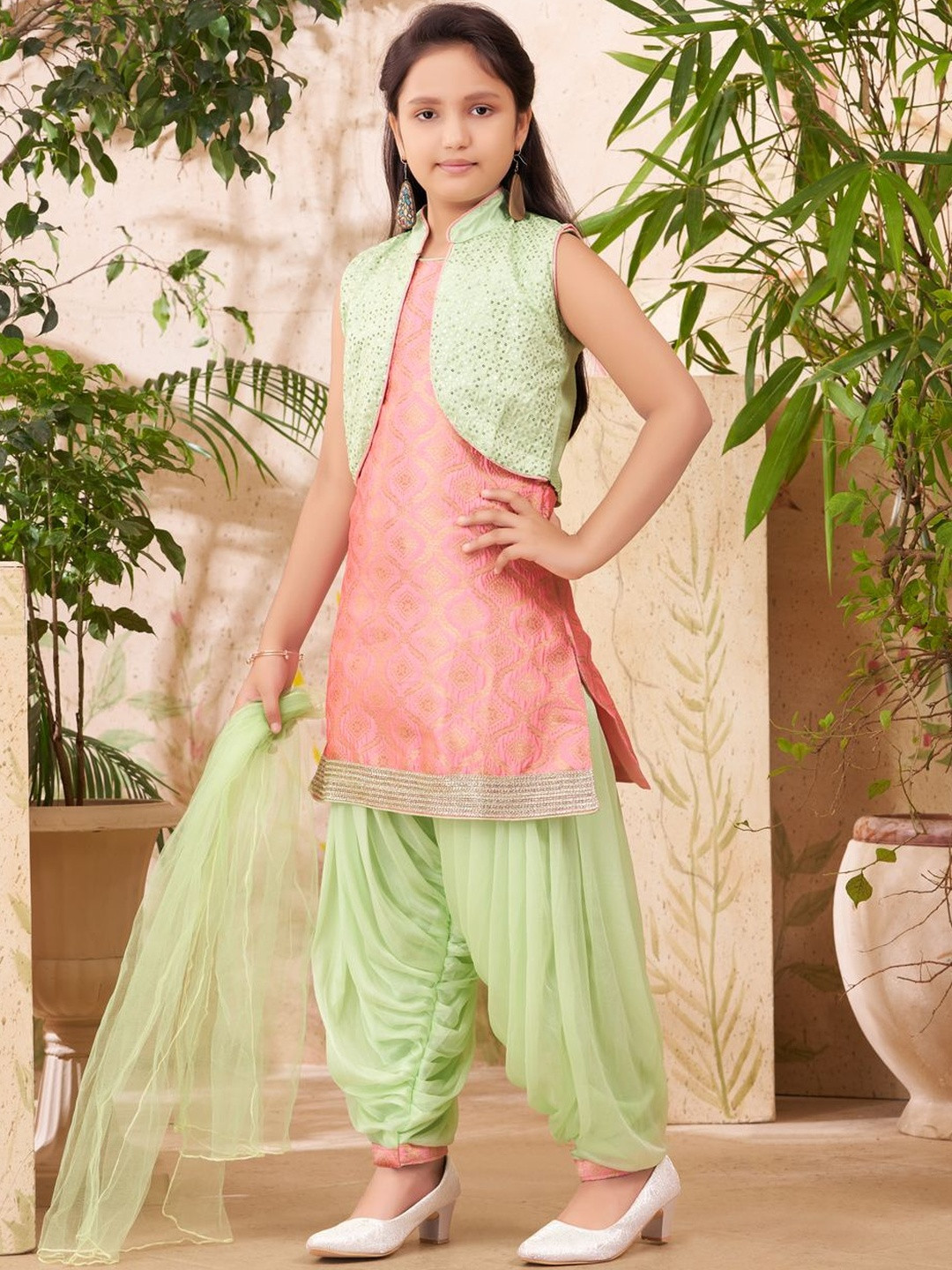 Muhuratam  Girls  Ethnic Wear Pink-Sea Green Colour Sequin Embroidery Brocade Kurti Patiala Set