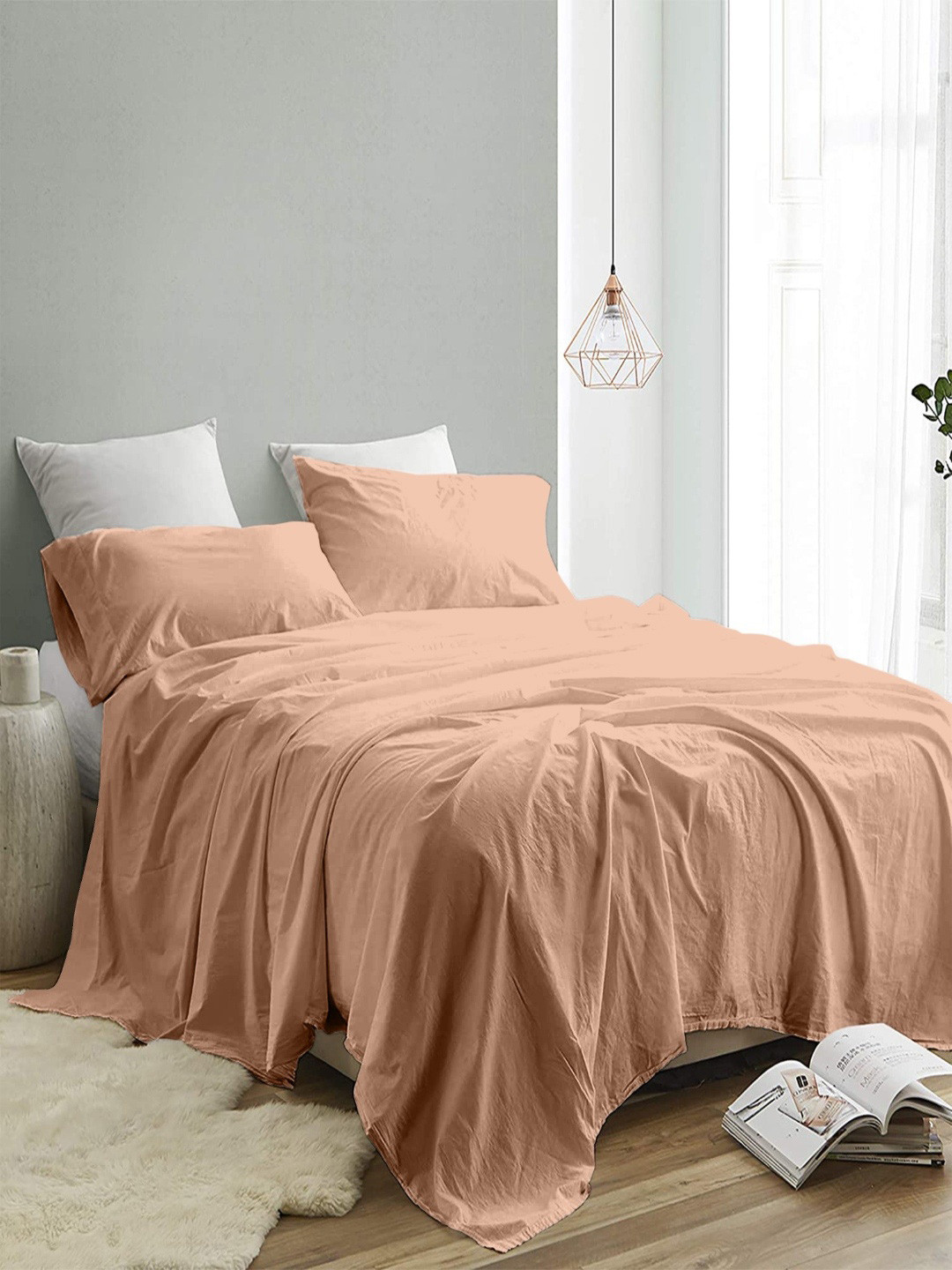 INDRA'S Peach 300 TC Egyptian Cotton King Bedsheet Set-2.74 m x 2.74 m