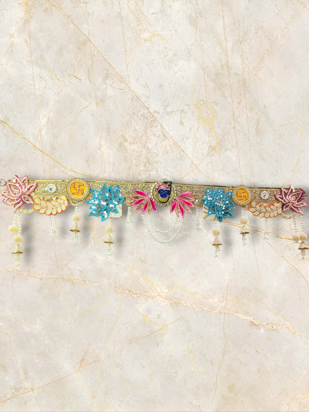 PUFFSMART Pink & Yellow Textured Shree Nath Ji With Flowers & Latkan Bandhanwar Toran