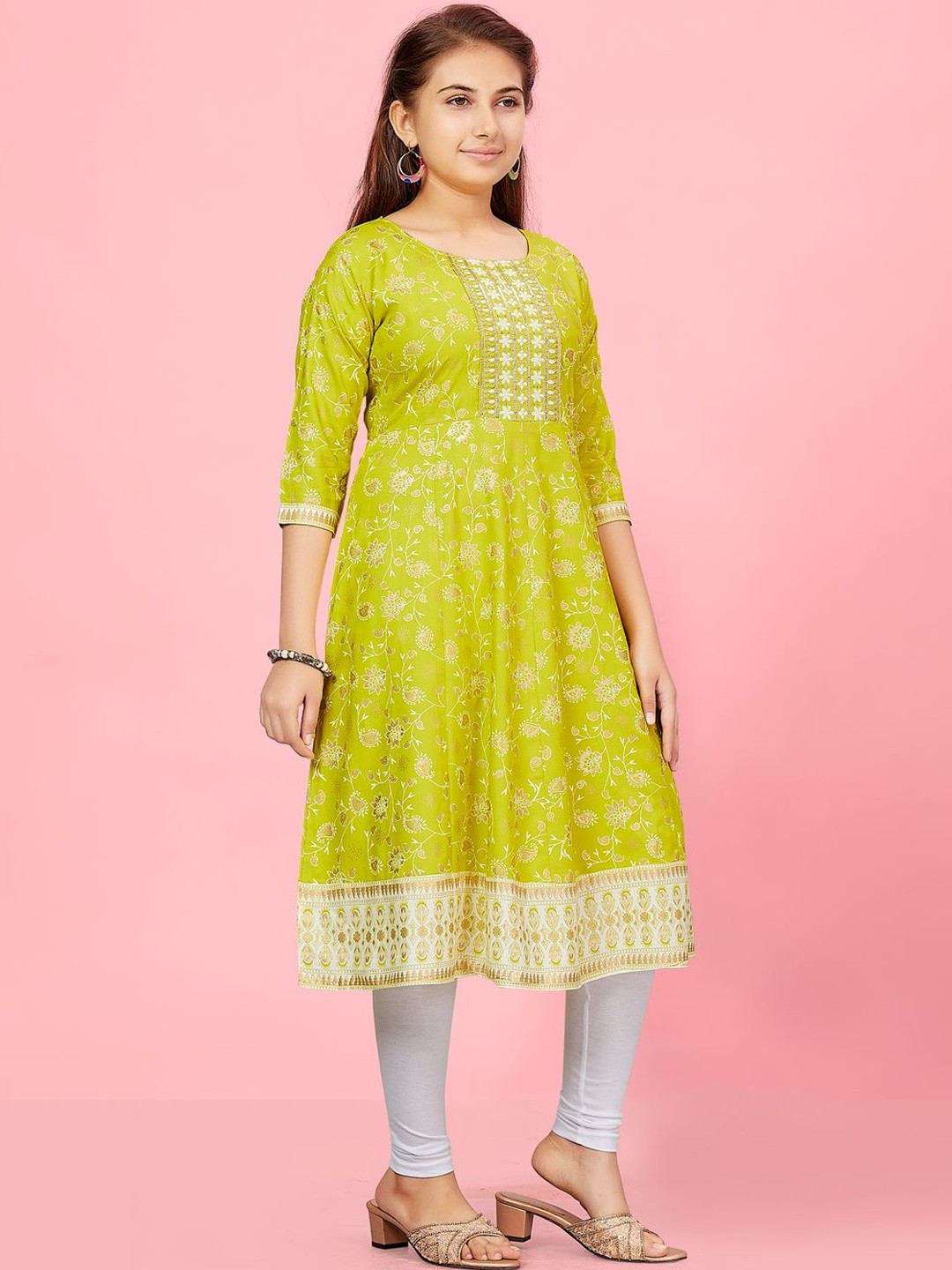 Muhuratam Girls Lime Green-White Colour Cotton Kurti Legging Set