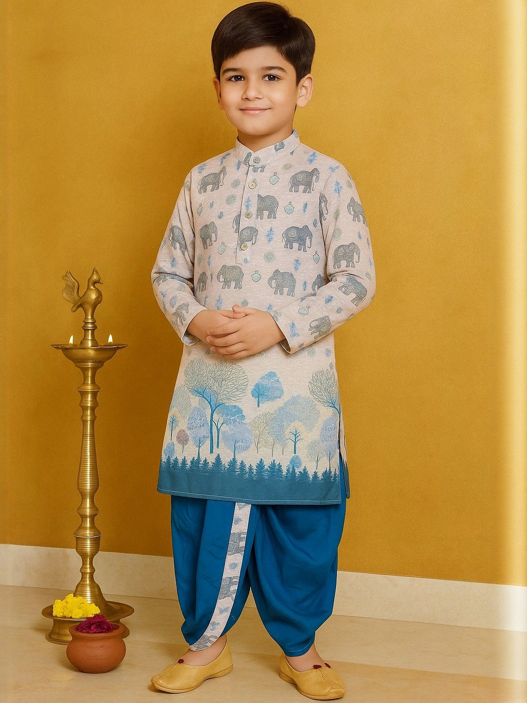 HUMAN CHOICE Boys Animal Printed Mandrin Collar Straight Kurta With Dhoti